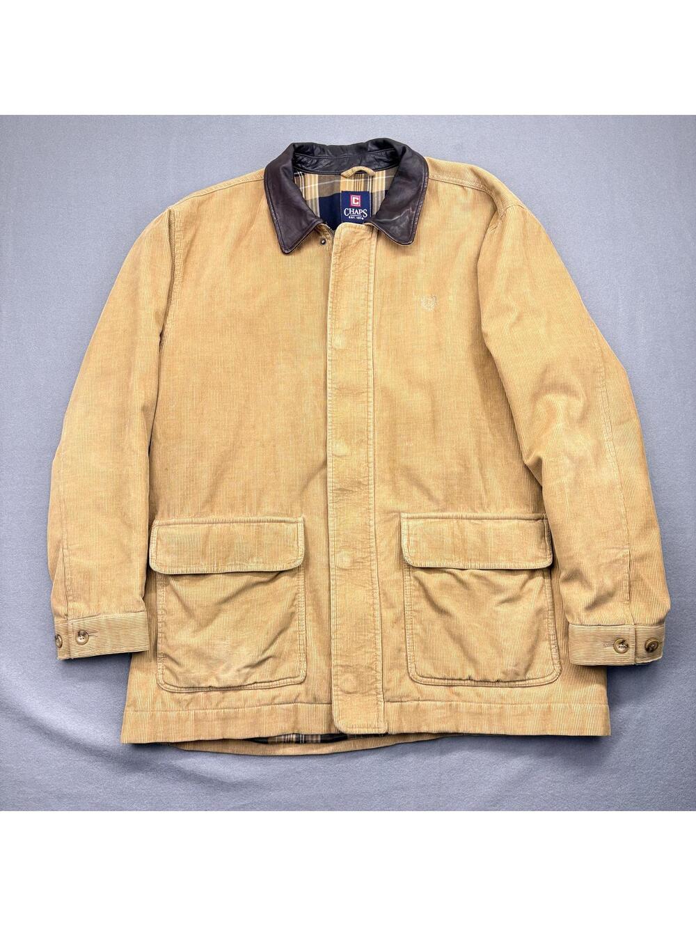 Vintage Chaps Men's Corduroy Jacket with Plaid Lining Leather Collar Large